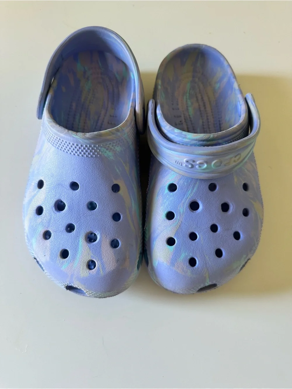 CROCS Kids size 1 Blueish Purple Swirl Foam Clogs